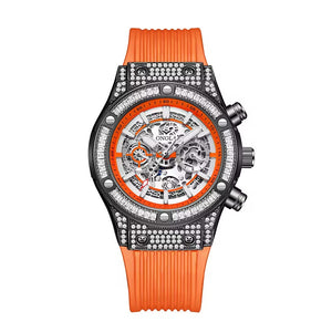 Onola 6838 Round Dial Diamond Studded Quartz Chronograph Watch for Men | Skeleton Dial Look | Silicone Strap Orange