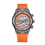 Onola 6838 Round Dial Diamond Studded Quartz Chronograph Watch for Men | Skeleton Dial Look | Silicone Strap Orange