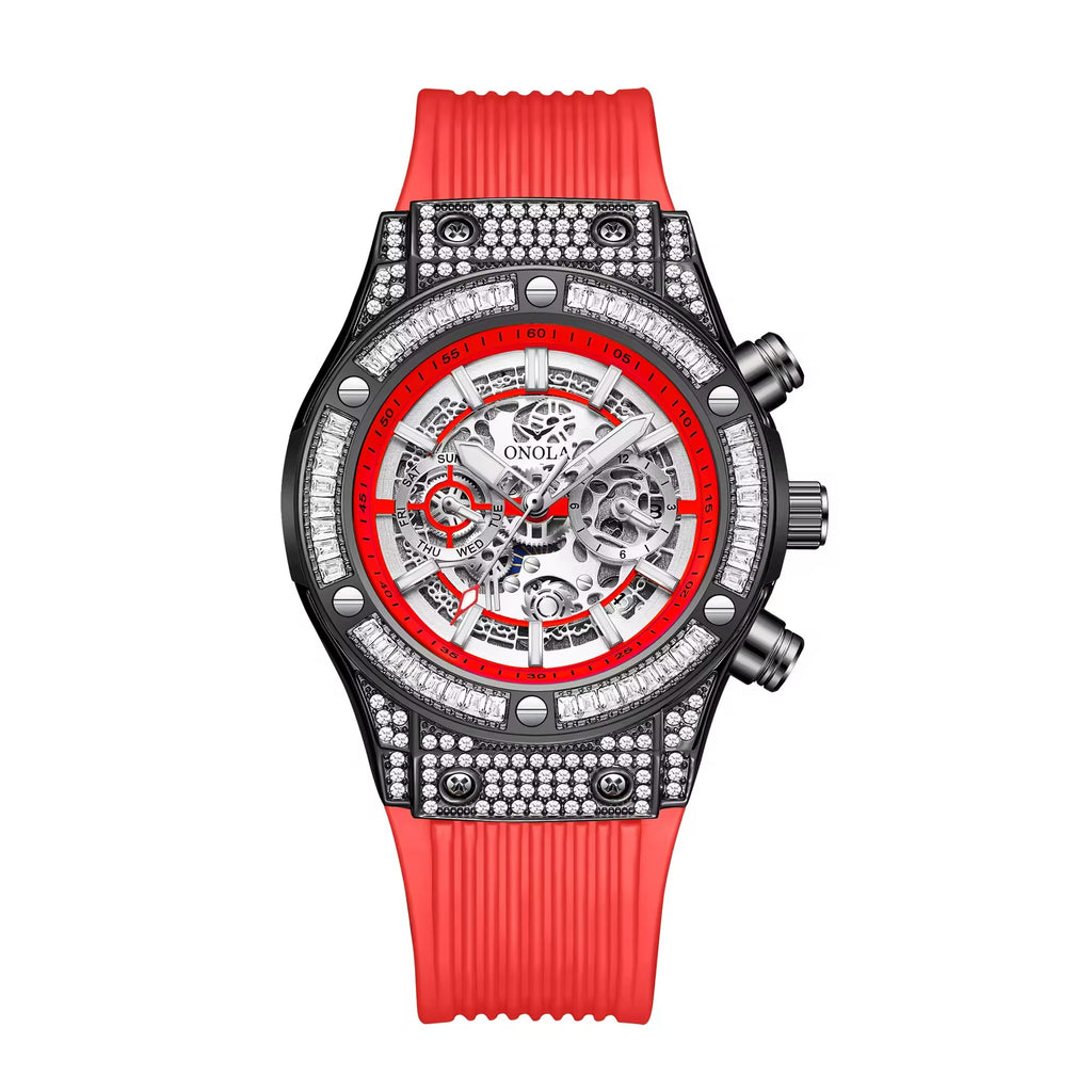Onola 6838 Round Dial Diamond Studded Quartz Chronograph Watch for Men | Skeleton Dial Look | Silicone Strap