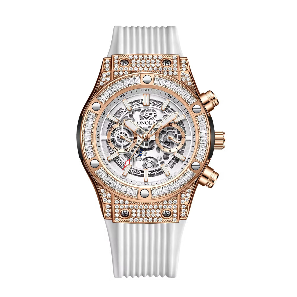 Onola 6838 Round Dial Diamond Studded Quartz Chronograph Watch for Men | Skeleton Dial Look | Silicone Strap Rosegold White