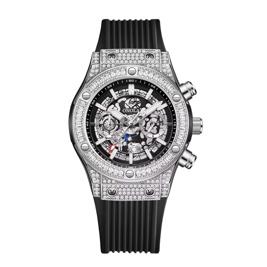 Onola 6838 Round Dial Diamond Studded Quartz Chronograph Watch for Men | Skeleton Dial Look | Silicone Strap