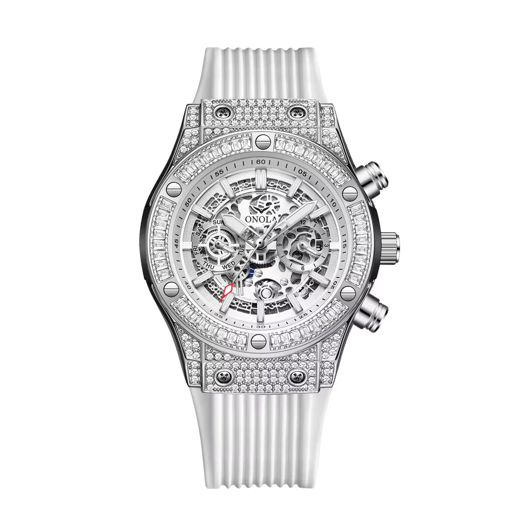 Onola 6838 Round Dial Diamond Studded Quartz Chronograph Watch for Men | Skeleton Dial Look | Silicone Strap