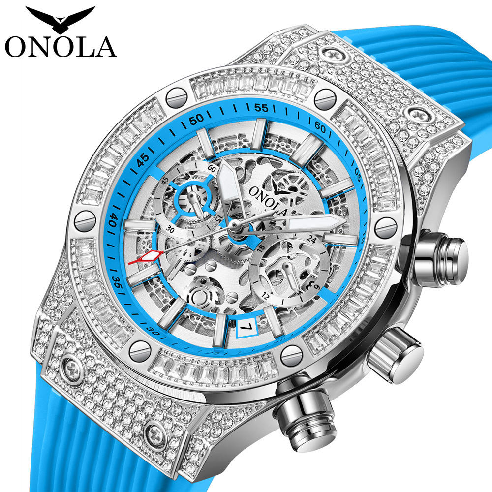 Onola 6838 Round Dial Diamond Studded Quartz Chronograph Waterproof BLue Silver