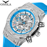 Onola 6838 Round Dial Diamond Studded Quartz Chronograph Waterproof BLue Silver