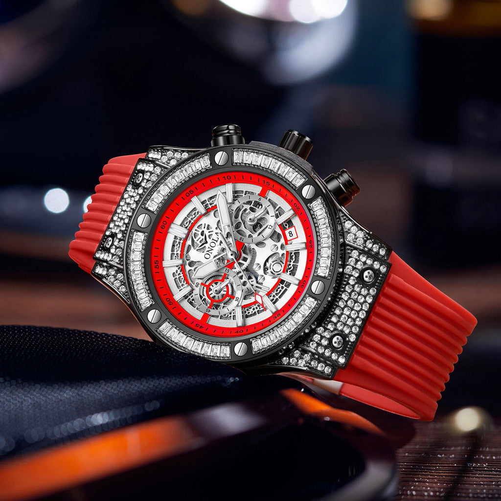 Onola 6838 Round Dial Diamond Studded Quartz Chronograph Waterproof Black Red