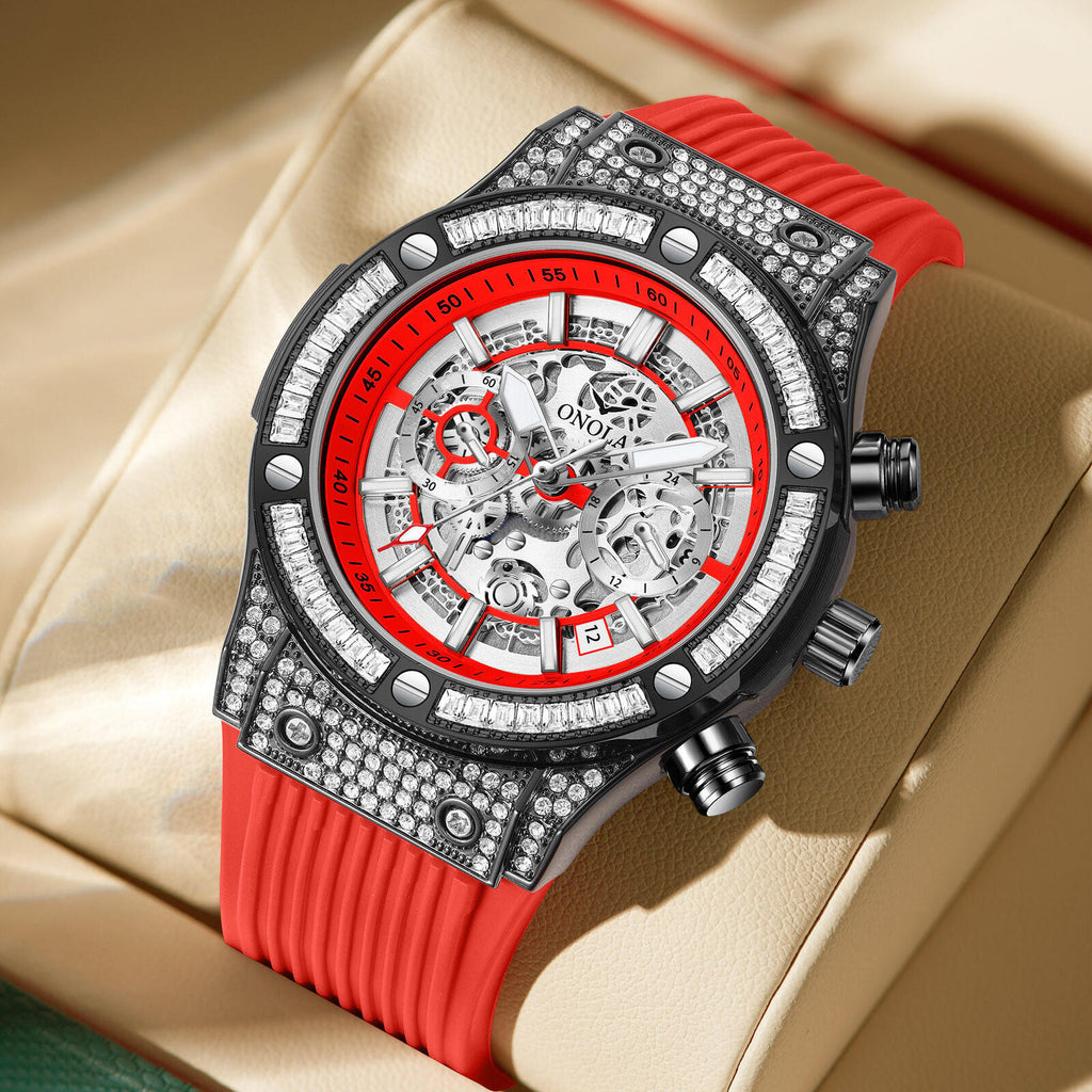 Onola 6838 Round Dial Diamond Studded Quartz Chronograph Waterproof Black Red in Cushion