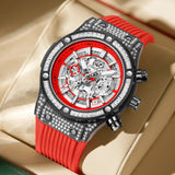 Onola 6838 Round Dial Diamond Studded Quartz Chronograph Waterproof Black Red in Cushion