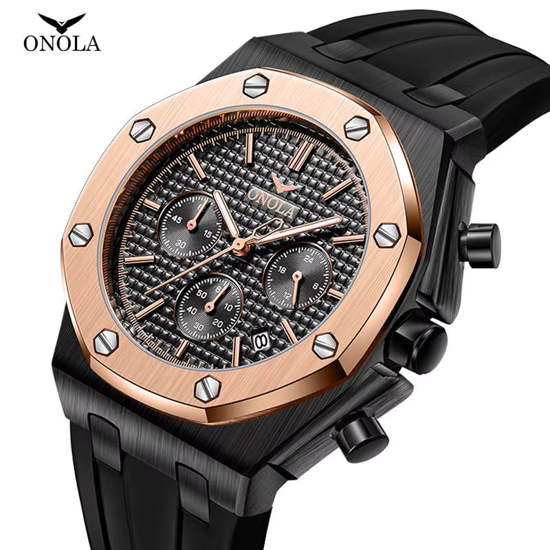 Onola watch with black strap and rose gold case on white background