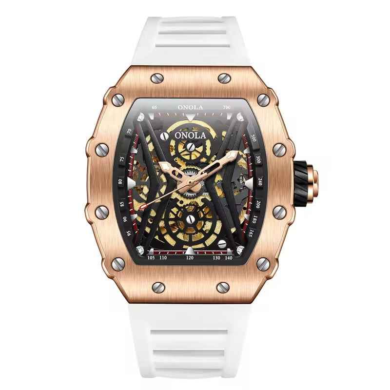 ONOLA Ironforge 3828 Tonneau Skeleton Automatic Watch for Men | Exposed Mechanical Movement, Silicone Strap