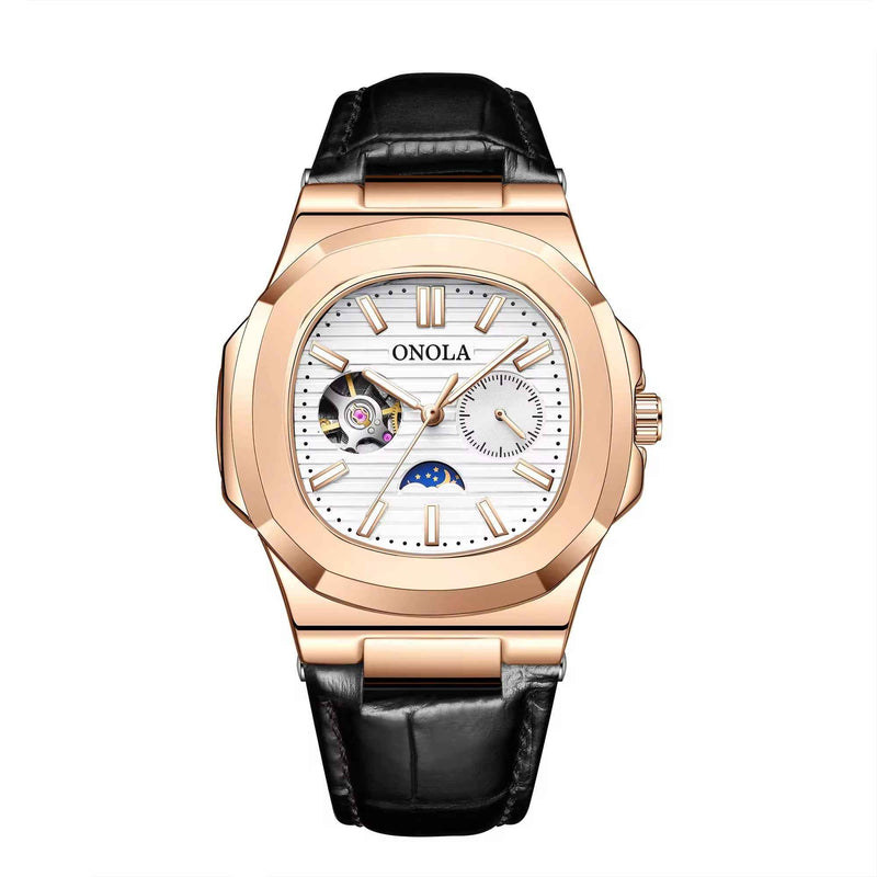 ONOLA Regal 3855 Automatic Watch for Men | Open-Heart Dial, Moonphase, Genuine Leather Strap
