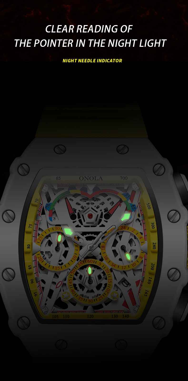 Onola 6827W Tonneau Luxury Watch for Men | Quartz Movement | Skeleton Dial | Silicone Strap | 30M Water Resistant 7 Onola 6827W Tonneau Luxury Watch for Men | Quartz Movement | Skeleton Dial | Silicone Strap | 30M Water Resistant - Image 6