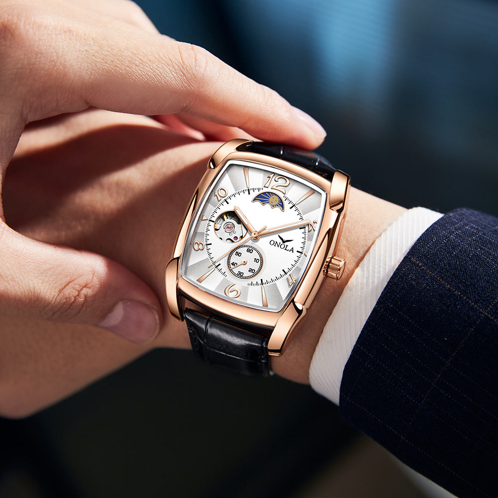 Onola 6848 Automatic Square Watch for Men | Skeleton Dial | Leather Strap | Luxury Mechanical Watch 6 Onola 6848 Automatic Square Watch for Men | Skeleton Dial | Leather Strap | Luxury Mechanical Watch - Image 5